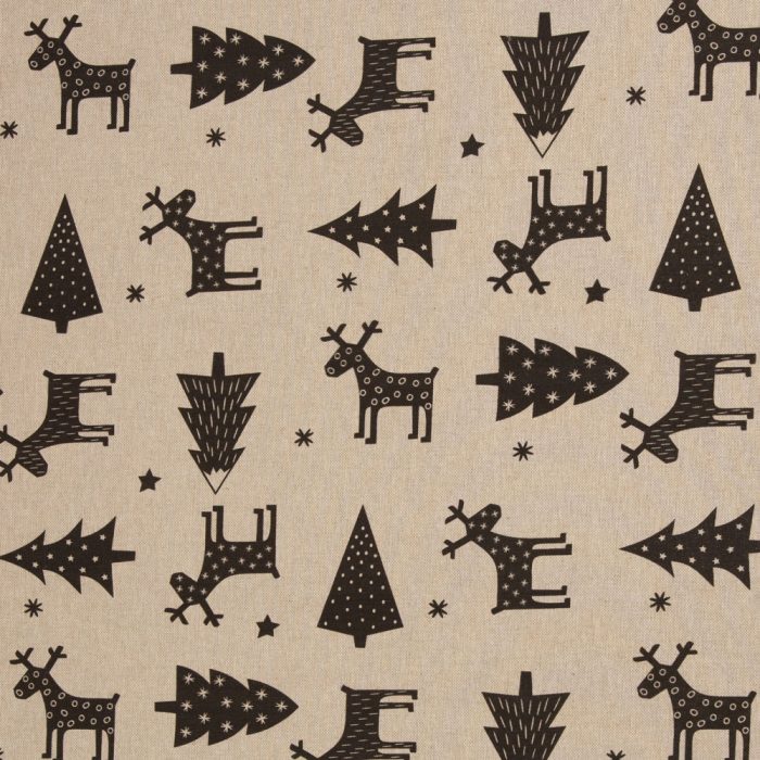 Christmas Black and Nature – Dekostoff mit Hirschen und Tannen auf naturfarbenem Hintergrund