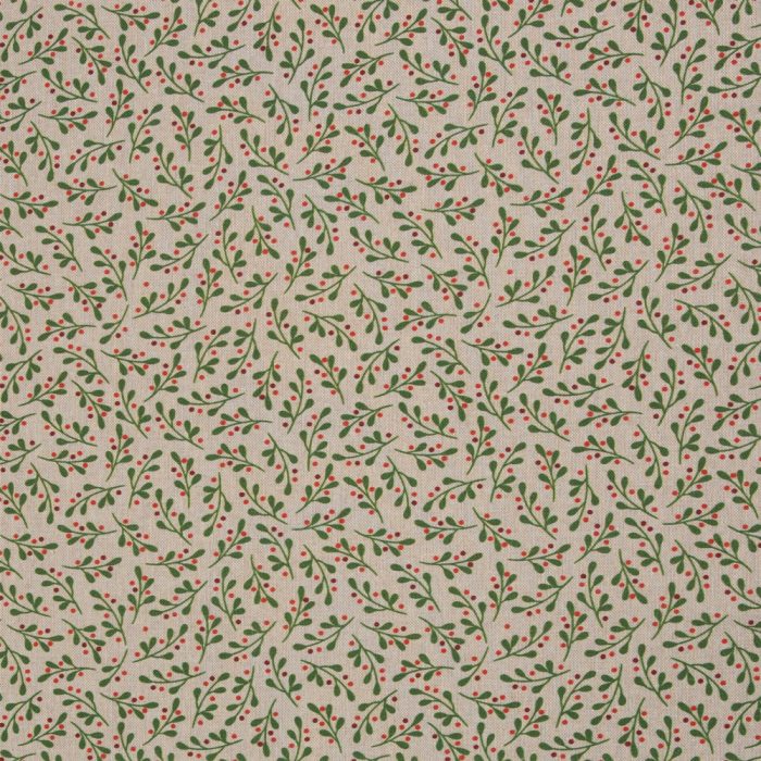 Nahaufnahme vom Stoffdesign „Mistletone Nature“ mit Mistelzweigen in Grün und Rot auf naturfarbenem Untergrund