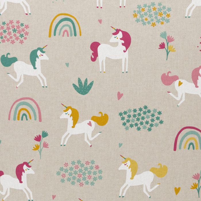 Einhorn Dekostoff Leinenoptik – Detailansicht Unicorn Motiv in Gold und Pink bei Engelsliebe Mainz